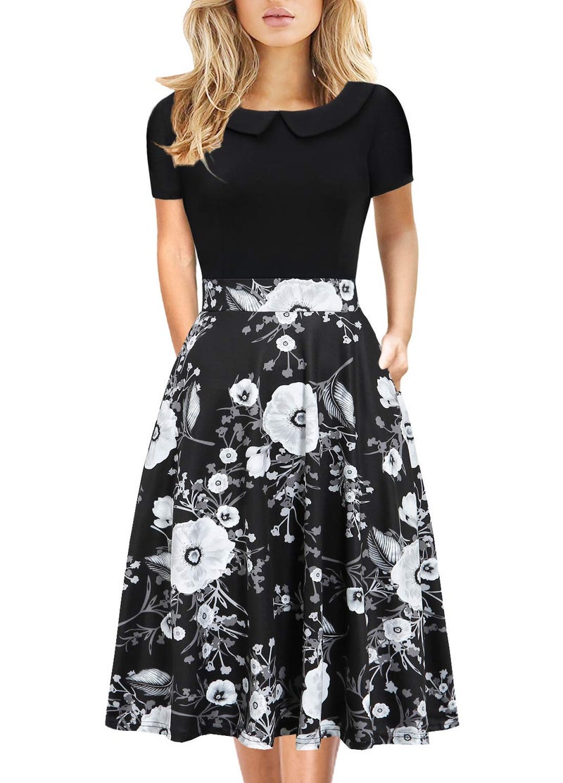 HELYO Fit and Flare Dresses for Petite Women Casual Party Vintage Peter Pan Collar A-Line Swing Wear to Work Dress with Pockets 978 (Black Floral, XL) - Image 1